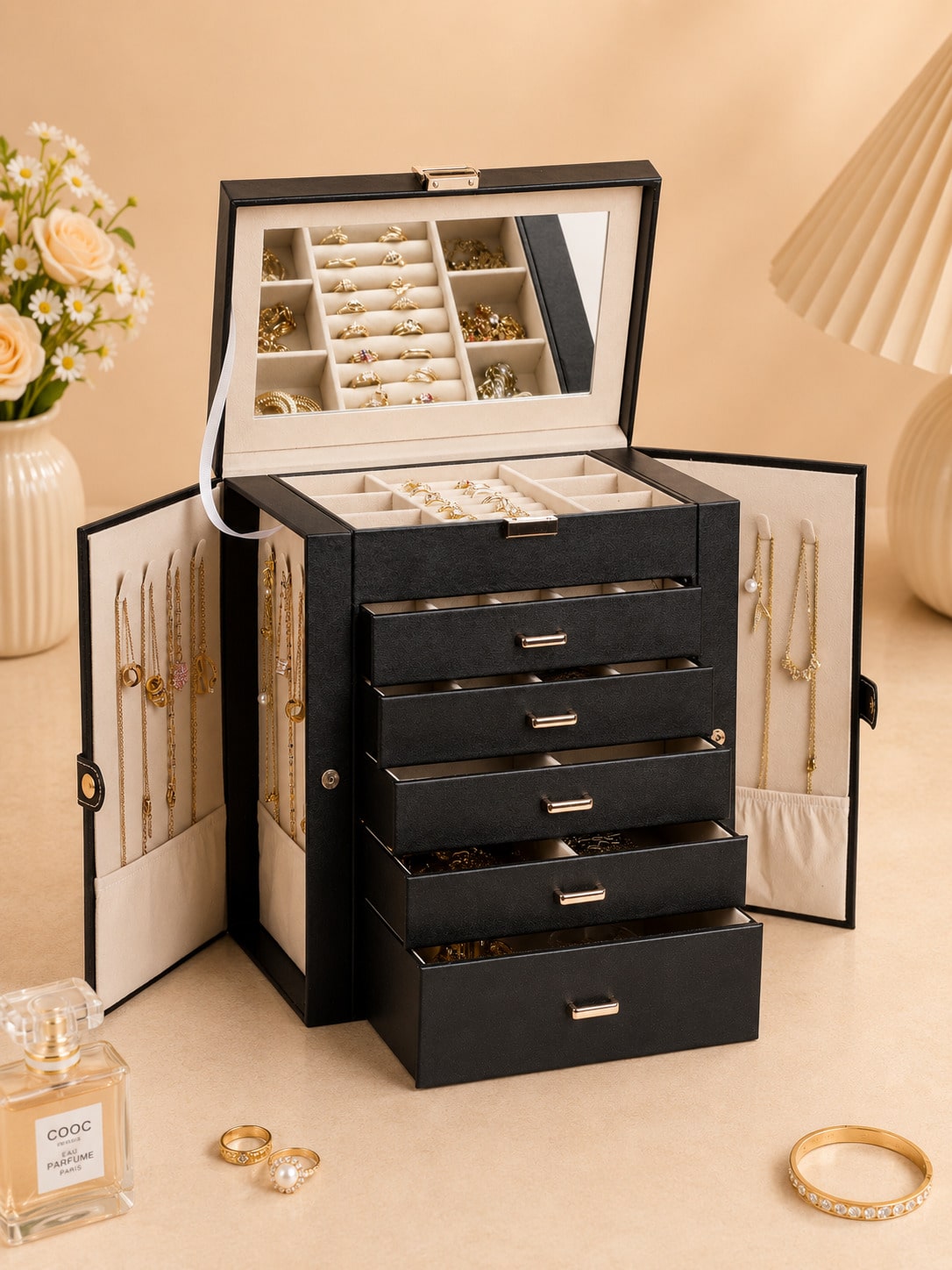Women Accessories Drawer - 1PC 대형 6단 PU 가죽 보석함(거울