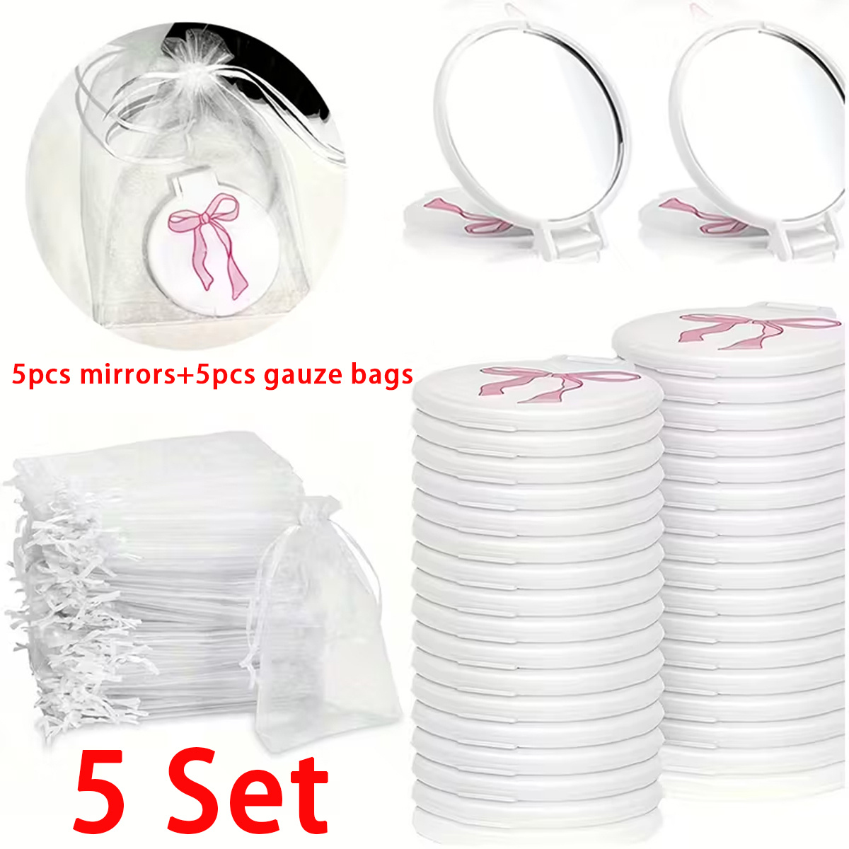 Women'S Vanity Accessories - 5세트 핑크 리본 미니 포켓 거울