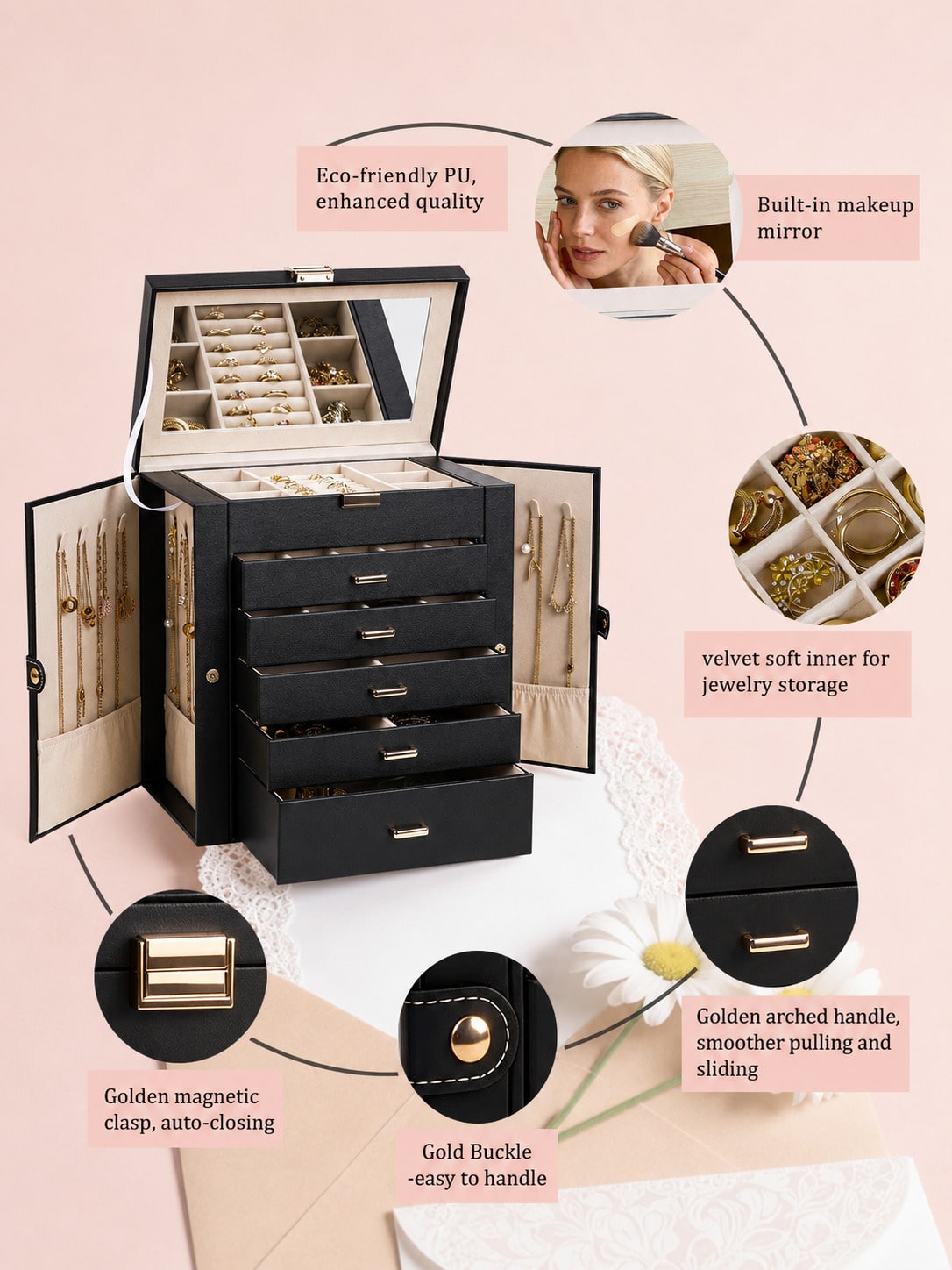 1PC 대형 6단 PU 가죽 보석함(거울 포함), 목걸 - Women Accessories Drawer 리뷰 및 가격